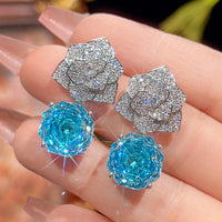 ZIRAVE Jewelry Imitation Rose Ocean Blue Sapphire Pendant Earrings