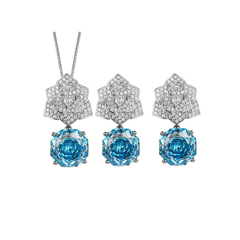 ZIRAVE Jewelry Imitation Rose Ocean Blue Sapphire Pendant Set