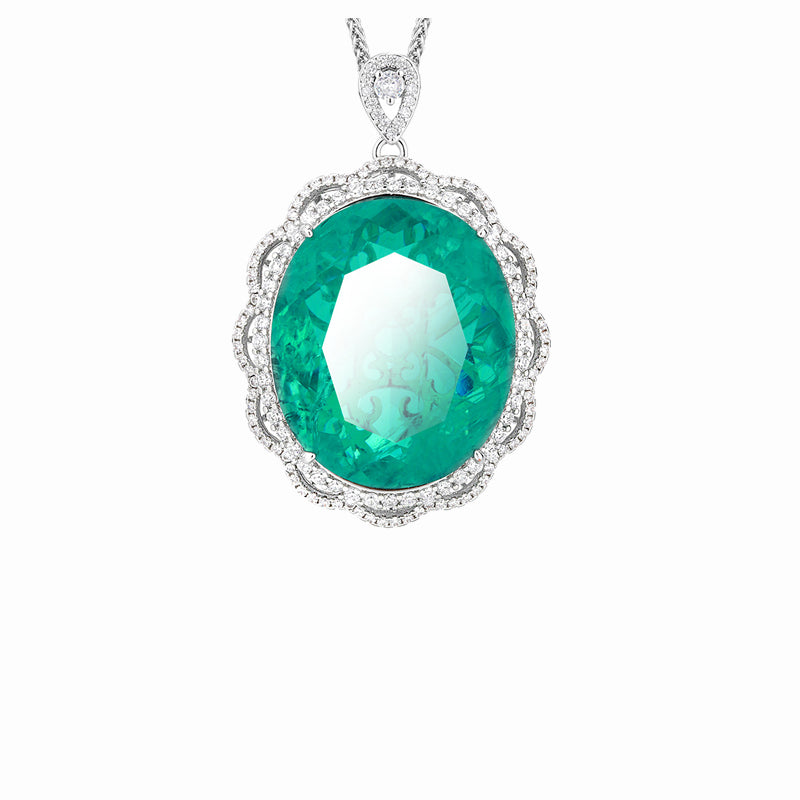 ZIRAVE Jewelry Large Oval Paraiba Emerald Halo Pendant Necklace