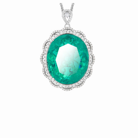 ZIRAVE Jewelry Large Oval Paraiba Emerald Halo Pendant Necklace