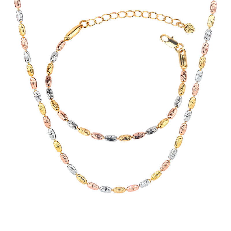 ZIRAVEJewelry Tri-Color Copper Gold Plated Textured Rice Bead Thin Chain Adjustable Set