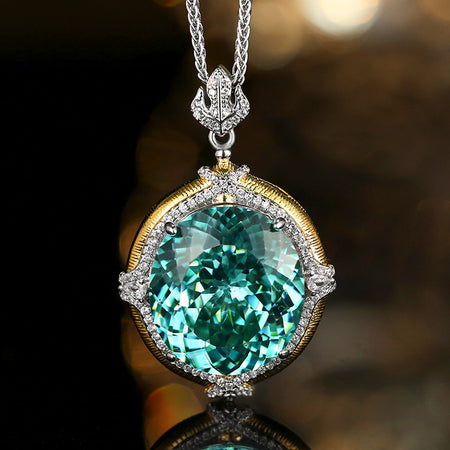 ZIRAVECO Jewelry, Copper-Based Gold-Plated Imitation Paraiba Tourmaline Vintage Pendan Necklace