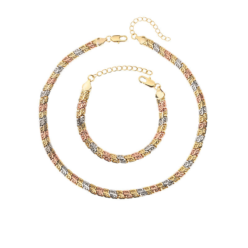 ZIRAVE Jewelry Tri-Color Byzantine Chain Necklace & Bracelet Set