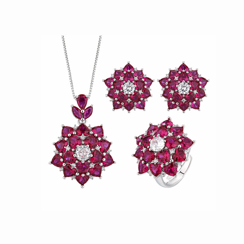 ZIRAVE Jewelry Vintage Simulated Ruby Flower Jewelry Set (Pendant + Ring + Earrings)