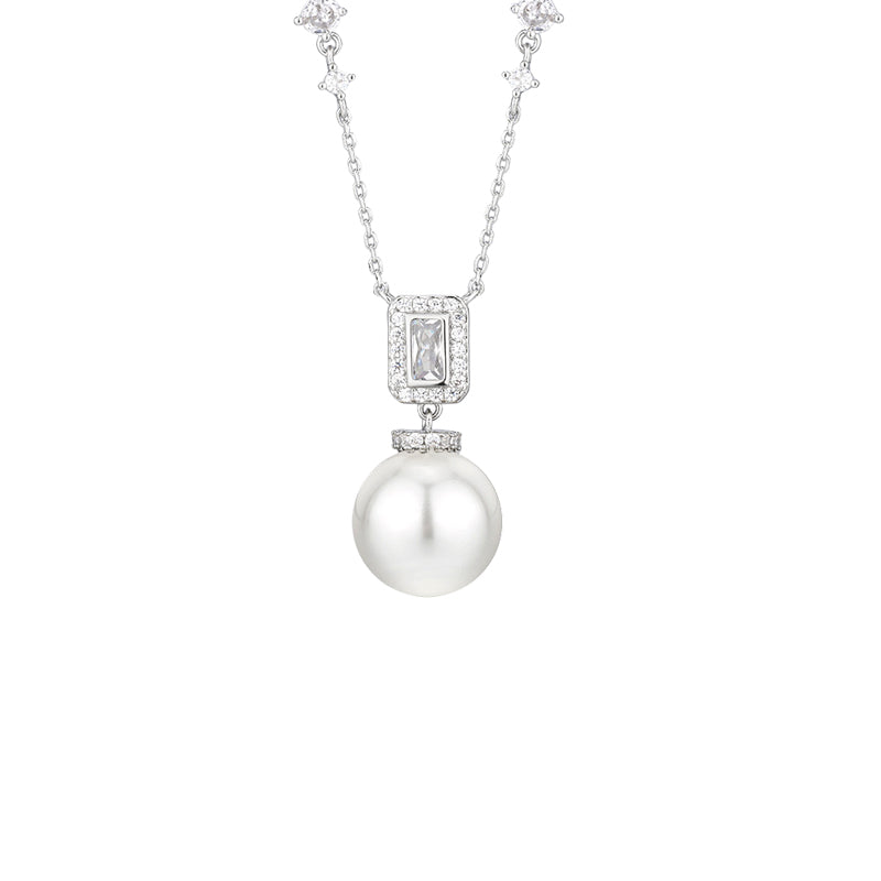 ZIRAVE Jewelry Square-Cut Diamond Clasp Pearl Necklace