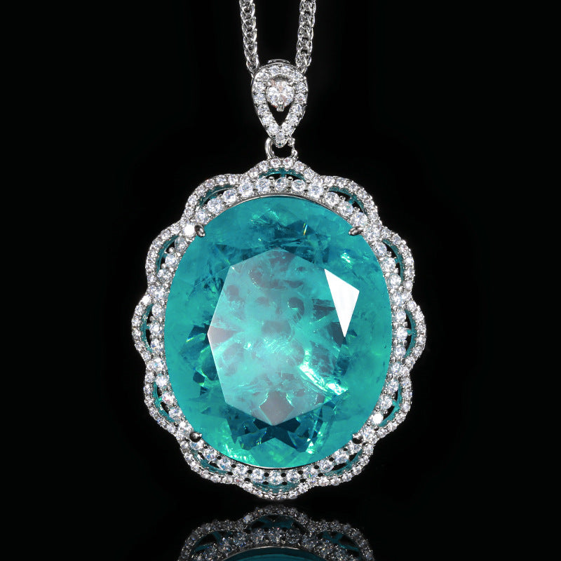 ZIRAVE Jewelry Large Oval Paraiba Emerald Halo Pendant Necklace