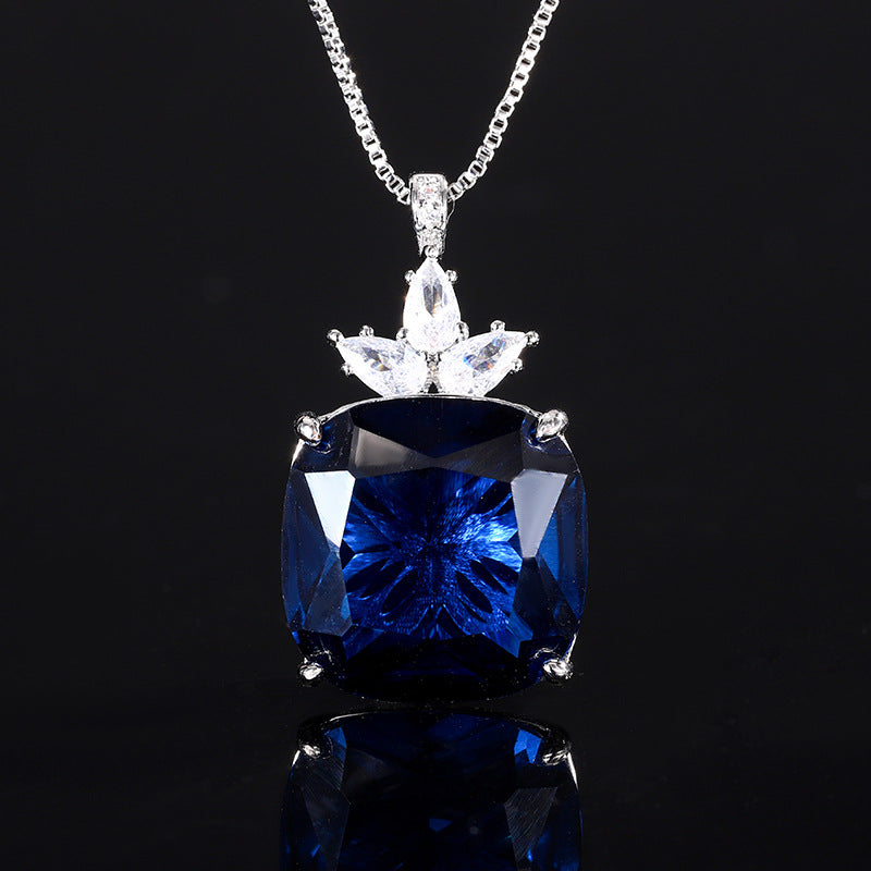 ZIRAVE Jewelry Princess-Cut Faux Gem Crown Pendant Necklace (Multi-Colors Available)