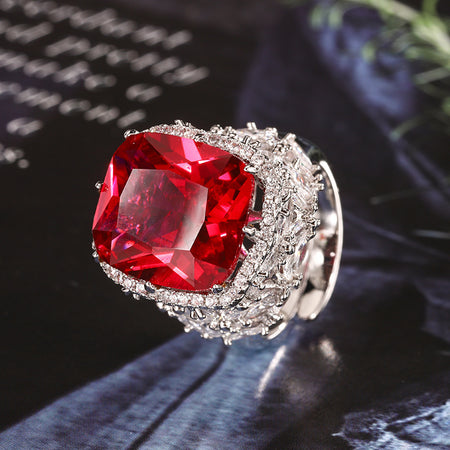ZIRAVE Jewelry  Cushion-Cut Gemstone Double Halo Full Pave Adjustable Ring (Multi-Color Options)