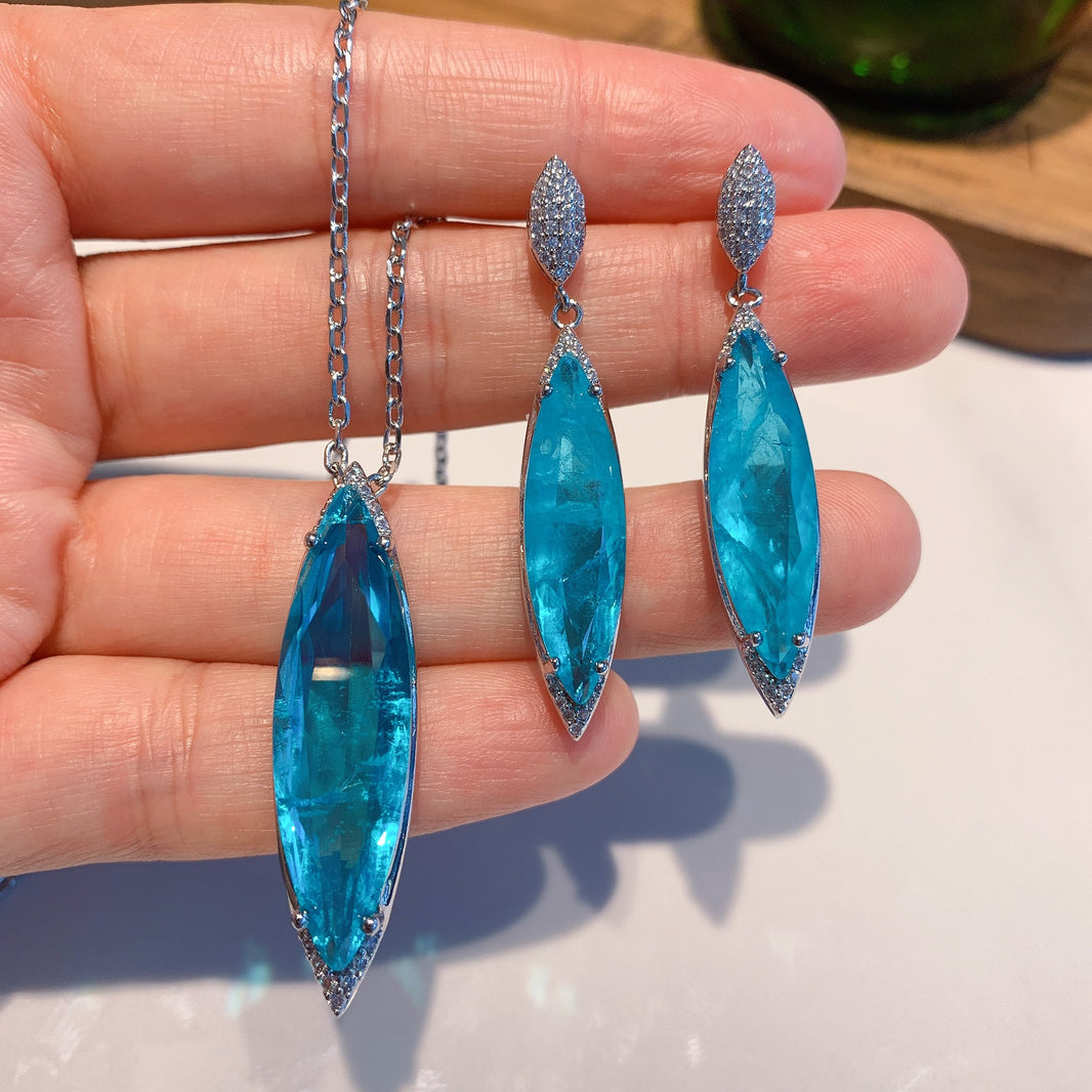 ZIRAVE Jewelry  Marquise-Cut Simulated Paraiba Gemstone Pendant & Earring Set