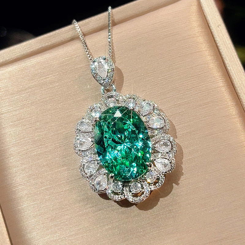 ZIRAVE Jewelry Oval Faux Green Paraiba Tourmaline Halo Necklace