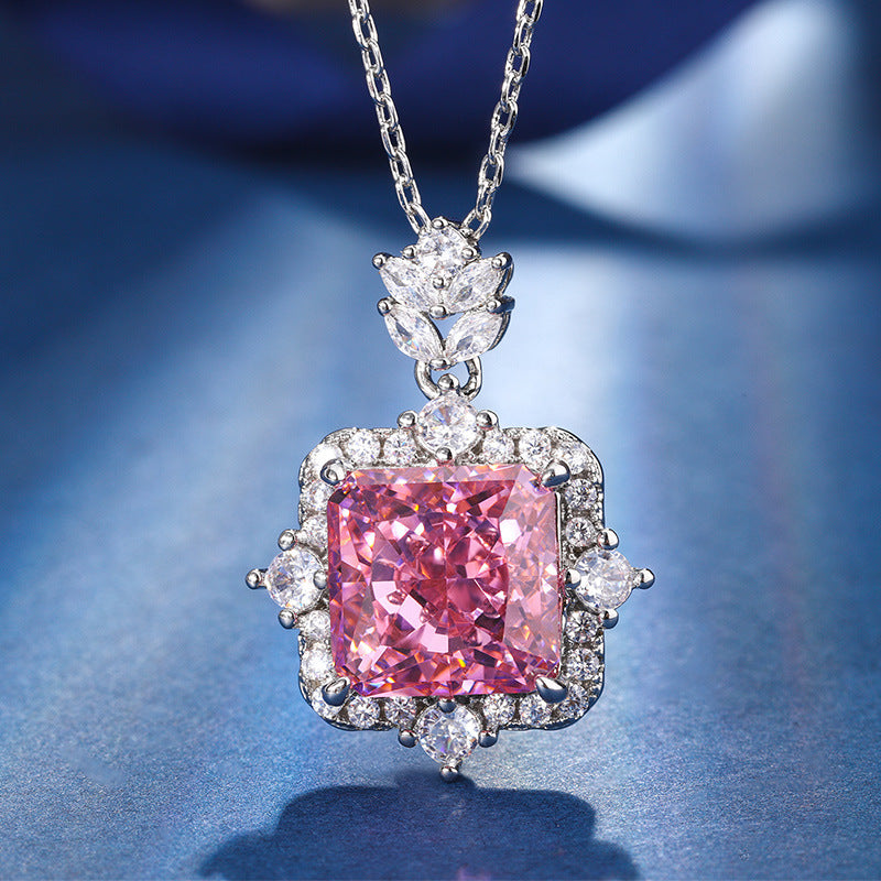 ZIRAVE Jewelry Princess-Cut Simulated Pink Diamond Halo Necklace