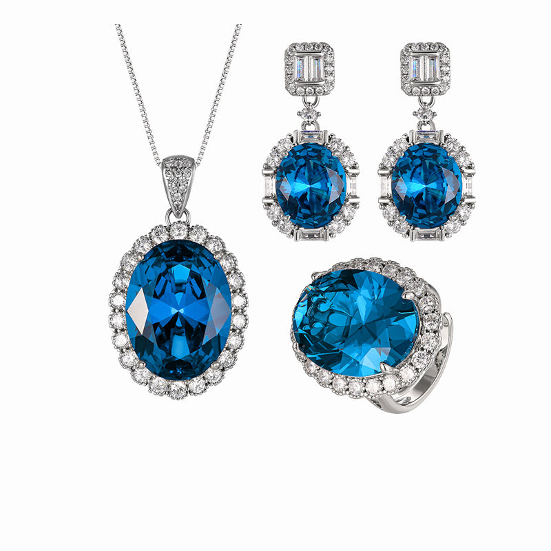 ZIRAVE Jewelry Oval Sapphire Simulant Halo Jewelry Set