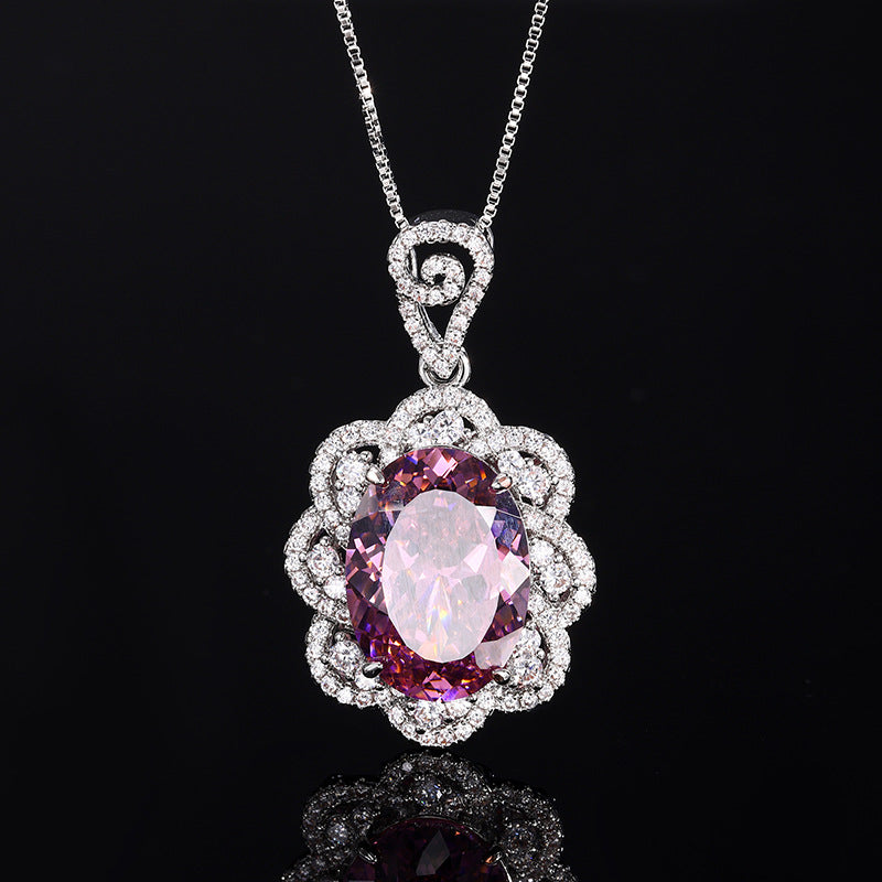 ZIRAVE Jewelry Oval Faux Pink Diamond Double Halo Necklace
