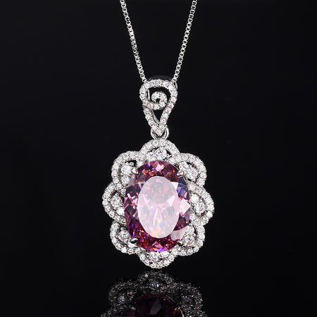 ZIRAVE Jewelry Oval Faux Pink Diamond Double Halo Necklace