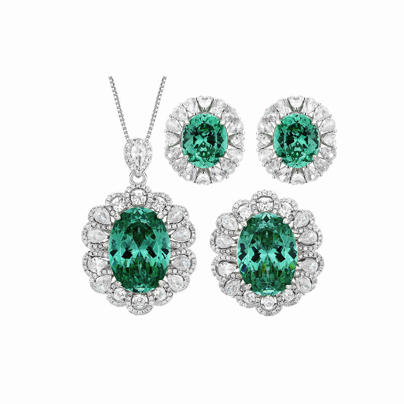 ZIRAVE Jewelry Oval Faux Green Paraiba Tourmaline Halo 3-Piece Jewelry Set (Necklace, Ring & Earrings)