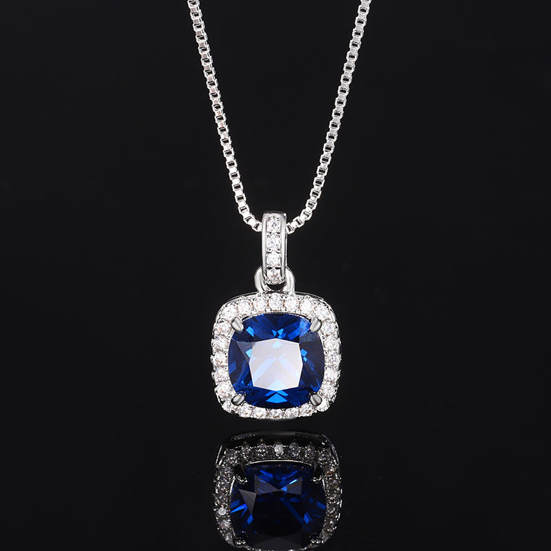 ZIRAVE Jewelry Women's Retro Imitation Blue Spinel Square Simple Necklace