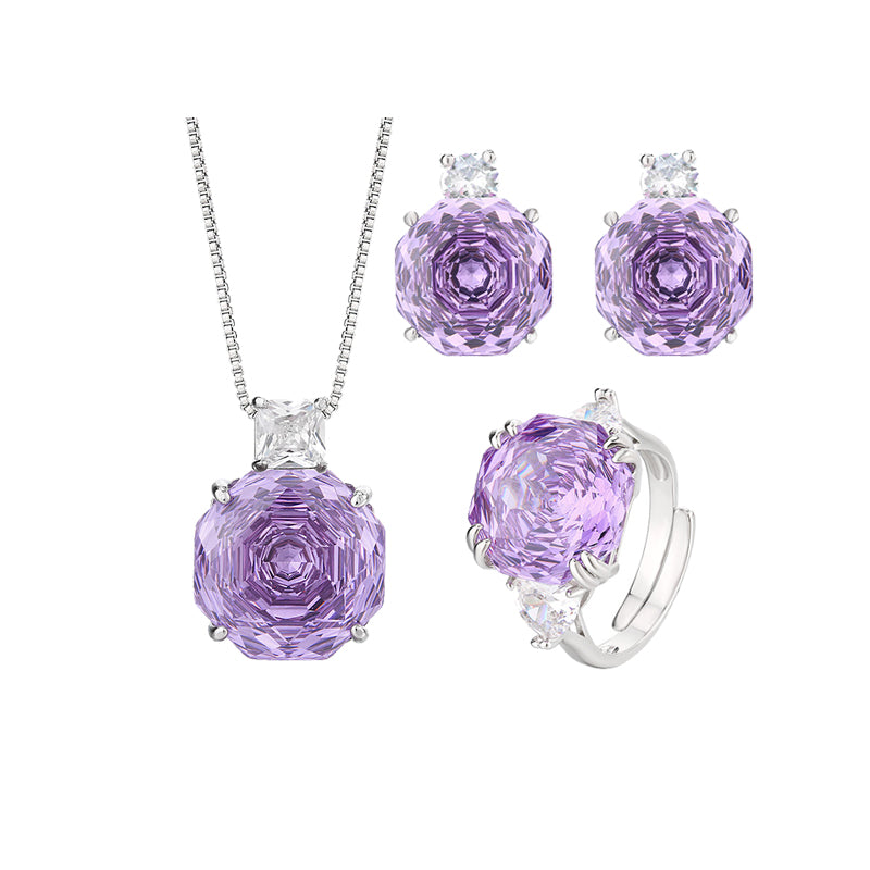 ZIRAVE Jewelry Rose-Cut Faux Purple Diamond 3-Piece Jewelry Set (Necklace, Ring & Earrings)