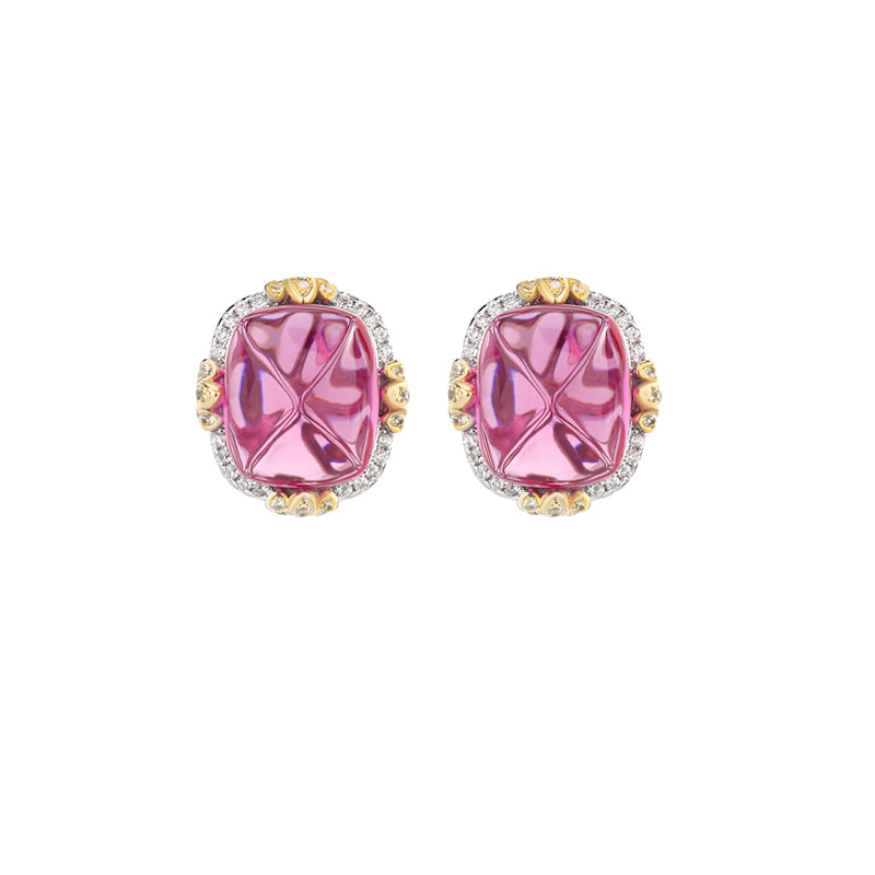 ZIRAVE Jewelry Vintage Pink Sugarloaf Two-Tone Gold Halo Earrings