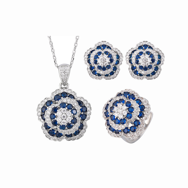 ZIRAVE Jewelry Vintage Multi-layer Flower Sapphire Jewelry Set