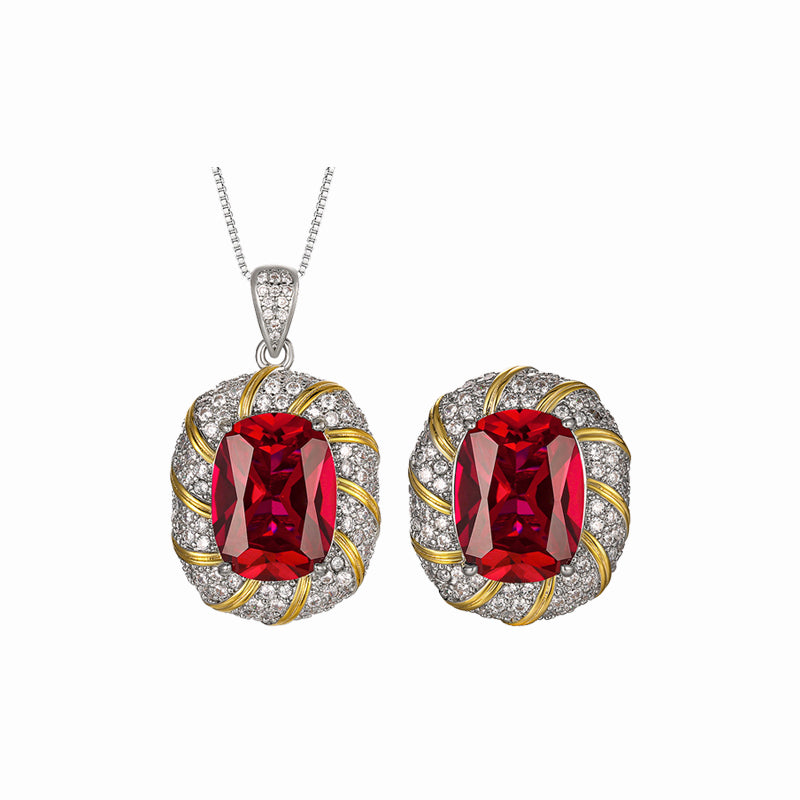 ZIRAVE Jewelry Two-Tone Faux Pigeon Blood Ruby Halo Jewelry Set (Necklace & Ring)