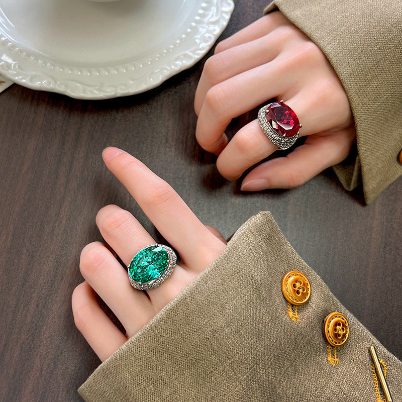 ZIRAVE Jewelry Oval Colorful Gemstone Multi-Layer Pave Adjustable Ring
