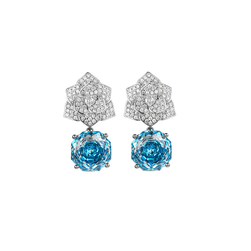 ZIRAVE Jewelry Imitation Rose Ocean Blue Sapphire Pendant Earrings