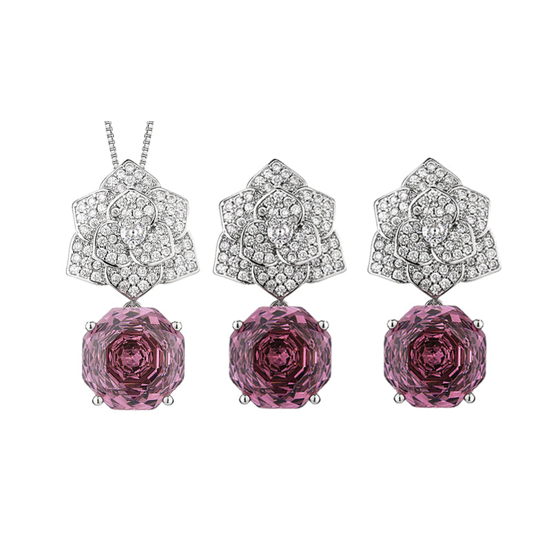 ZIRAVE Jewelry Camellia Pink Diamond Pendant & Earring Set
