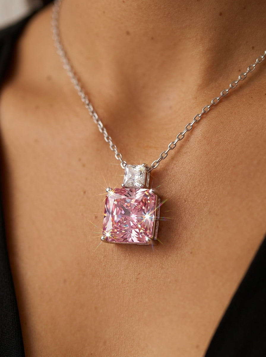 ZIRAVE Jewelry Vintage Simulated Pink Diamond Cushion Nicklace