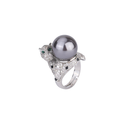 ZIRAVE Jewelry Panther Head Pearl Adjustable Ring (Two Color Options)