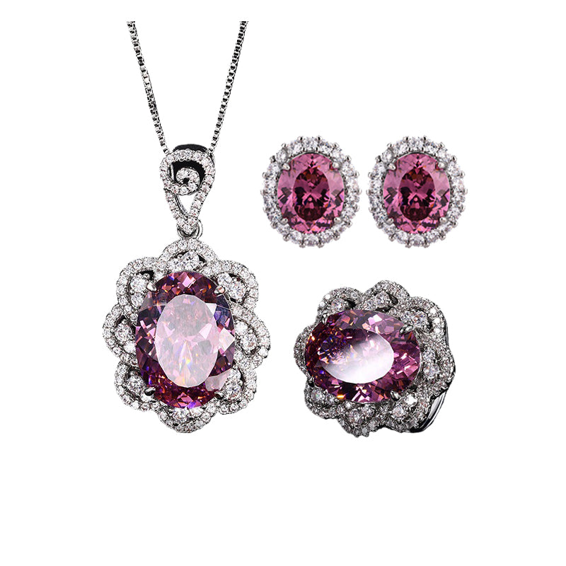 ZIRAVE Jewelry Oval Faux Pink Diamond Double Halo 3-Piece Jewelry Set (Necklace, Ring & Earrings)