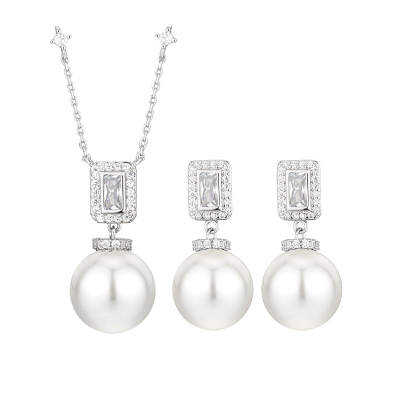 ZIRAVE Jewelry Square-Cut Diamond Clasp Pearl Necklace & Earring Set