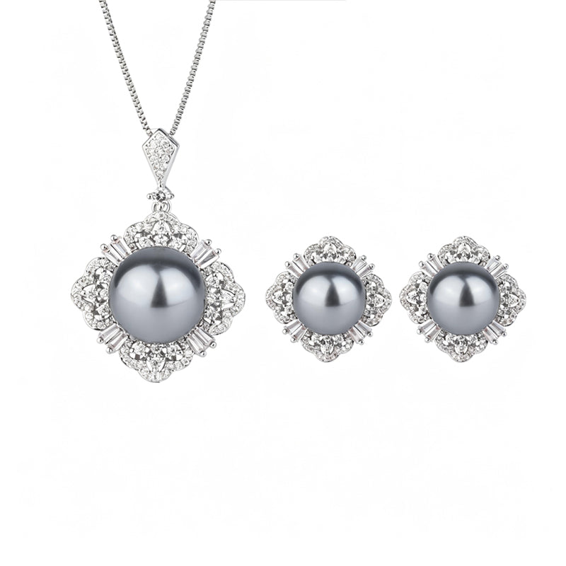 ZIRAVE Jewelry Grey Pearl Jewelry Set (Necklace + Earrings)