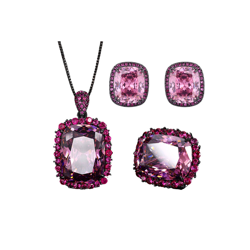 ZIRAVE Jewelry Radiant-Cut Faux Pink Diamond Dark Style 3-Piece Jewelry Set (Necklace, Ring & Earrings