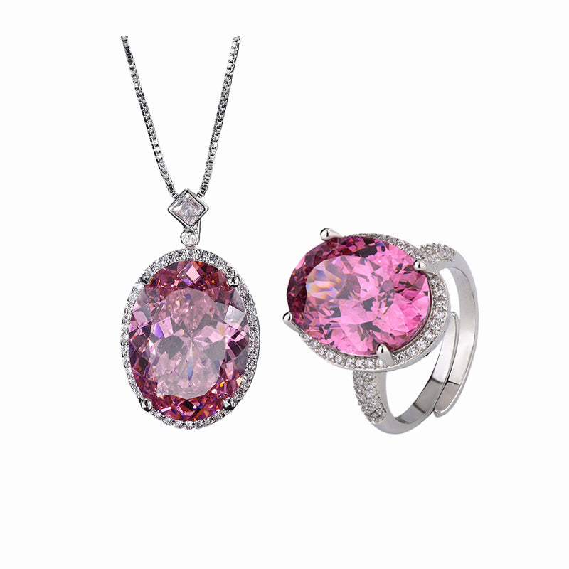 ZIRAVE JewelryOval Faux Pink Diamond Double Halo 2-Piece Jewelry Set (Necklace & Ring)