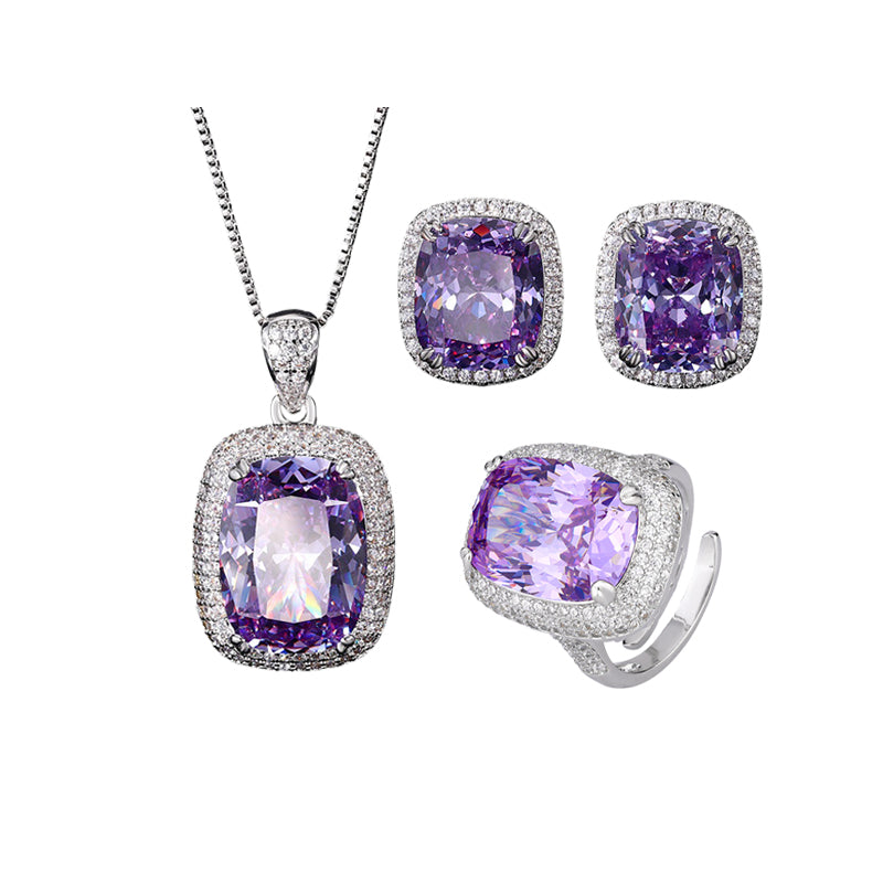 ZIRAVE Jewelry Radiant-Cut Faux Purple Diamond Pave 3-Piece Jewelry Set (Necklace, Ring & Earrings)
