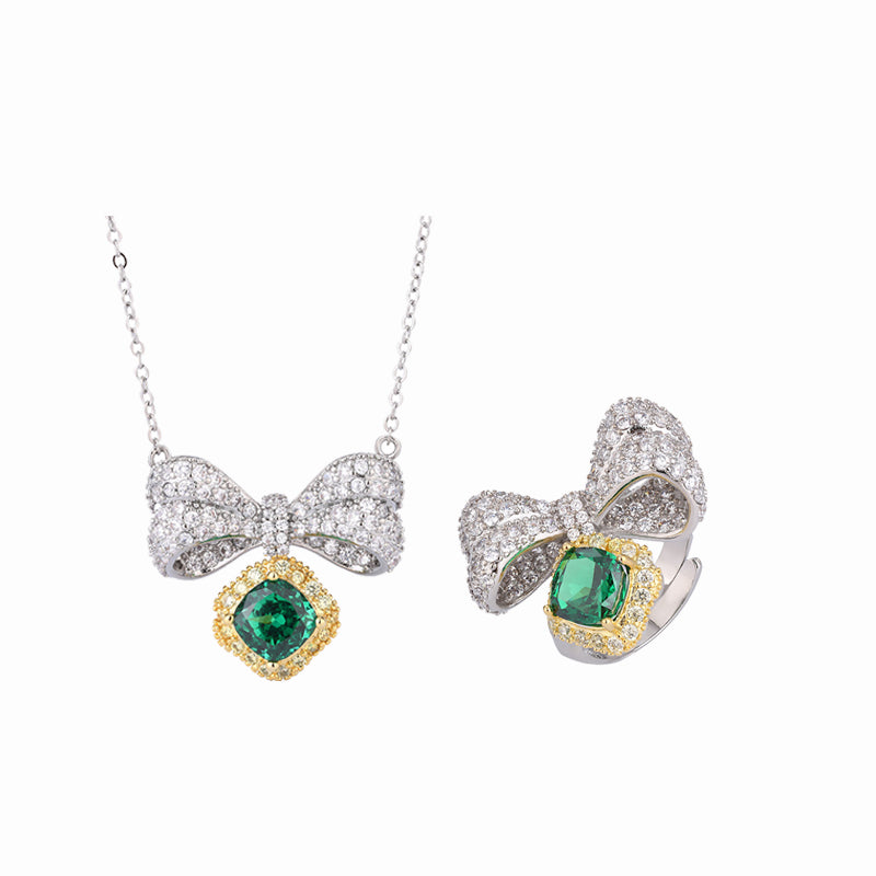 ZIRAVE Jewelry Bowknot Cushion Gemstone Jewelry Set, Pendant & Ring, 2 Colors Available