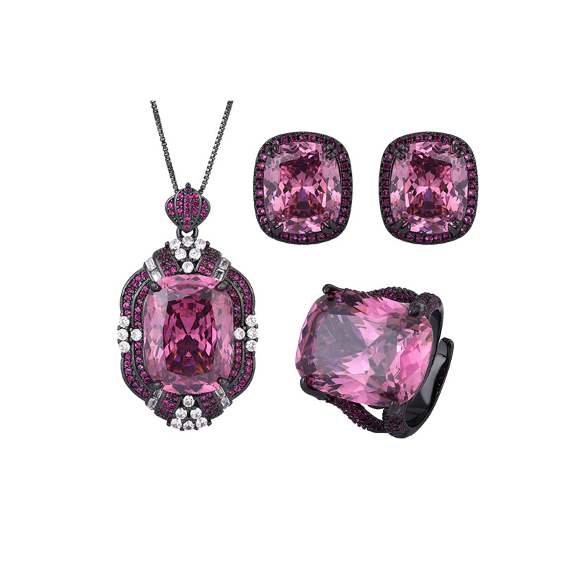 ZIRAVE Jewelry Vintage Simulated Pink Diamond Black Gold Halo Jewelry Set