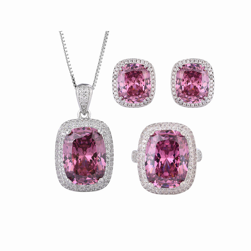 ZIRAVE Jewelry Cushion Cut Pink Diamond Simulant Jewelry Set, 3pcs (Pendant + Ring + Earrings)