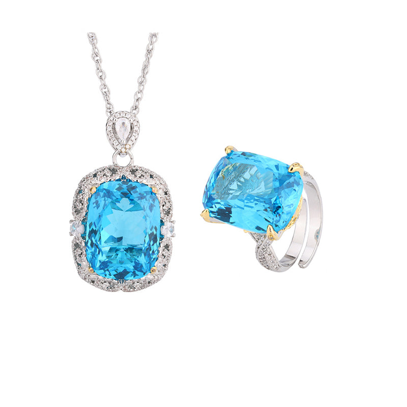 ZIRAVE Jewelry Simulation Aquamarine White Plated Blue Set