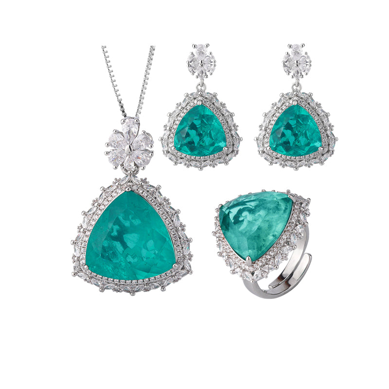 ZIRAVE Jewelry Triangle-Cut Faux Paraiba Tourmaline 3-Piece Jewelry Set (Necklace, Ring & Earrings)