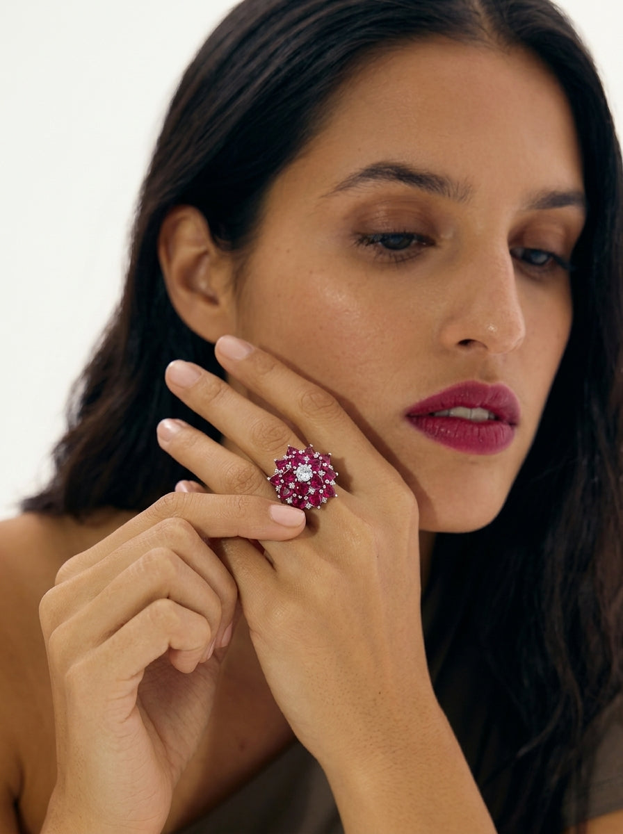 ZIRAVE Jewelry Vintage Simulated Ruby Flower  Ring