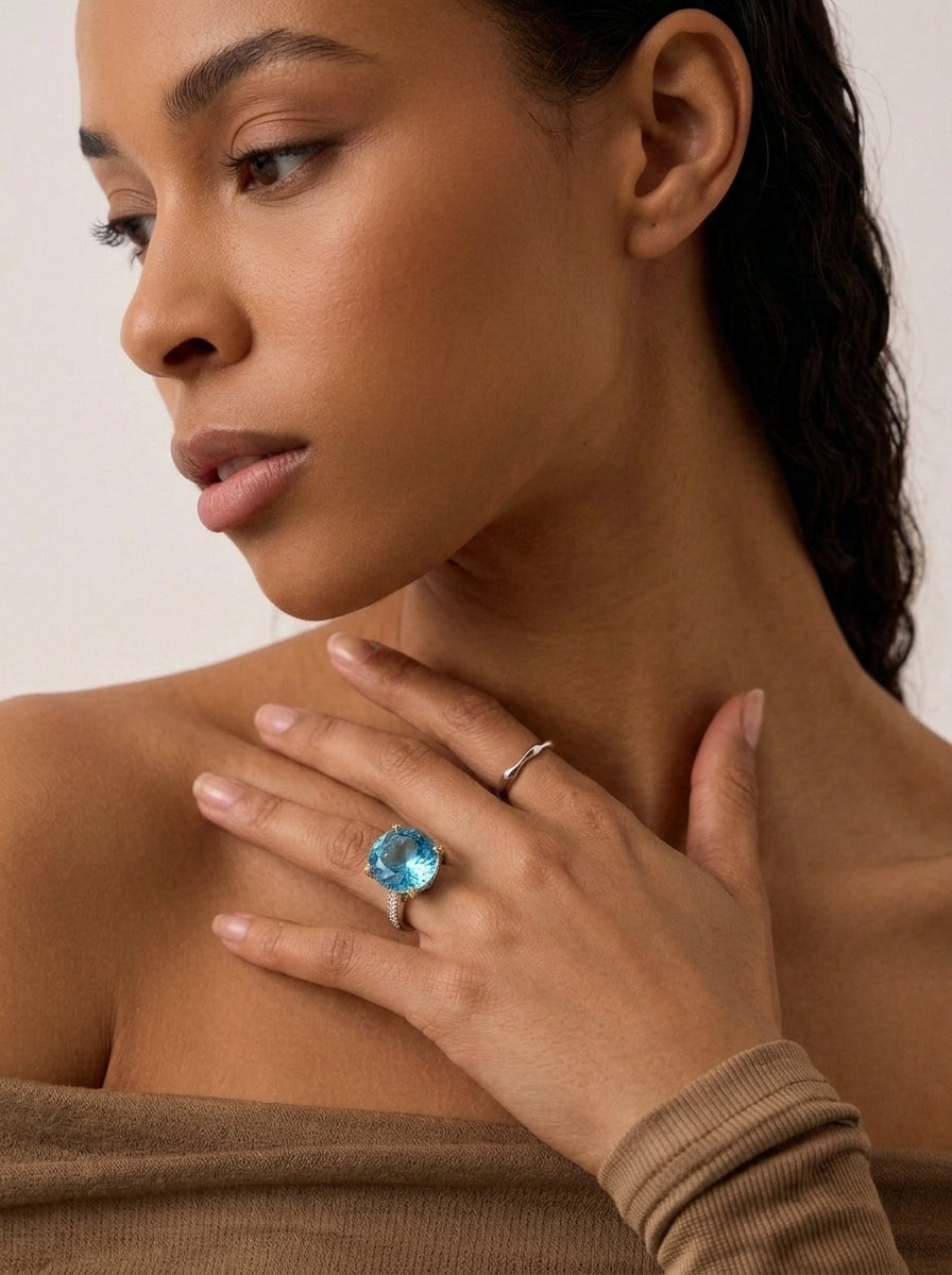 ZIRAVE Jewelry Two-Tone Gold Oval Gemstone Large Center Adjustable Ring (Multi-Color Options)