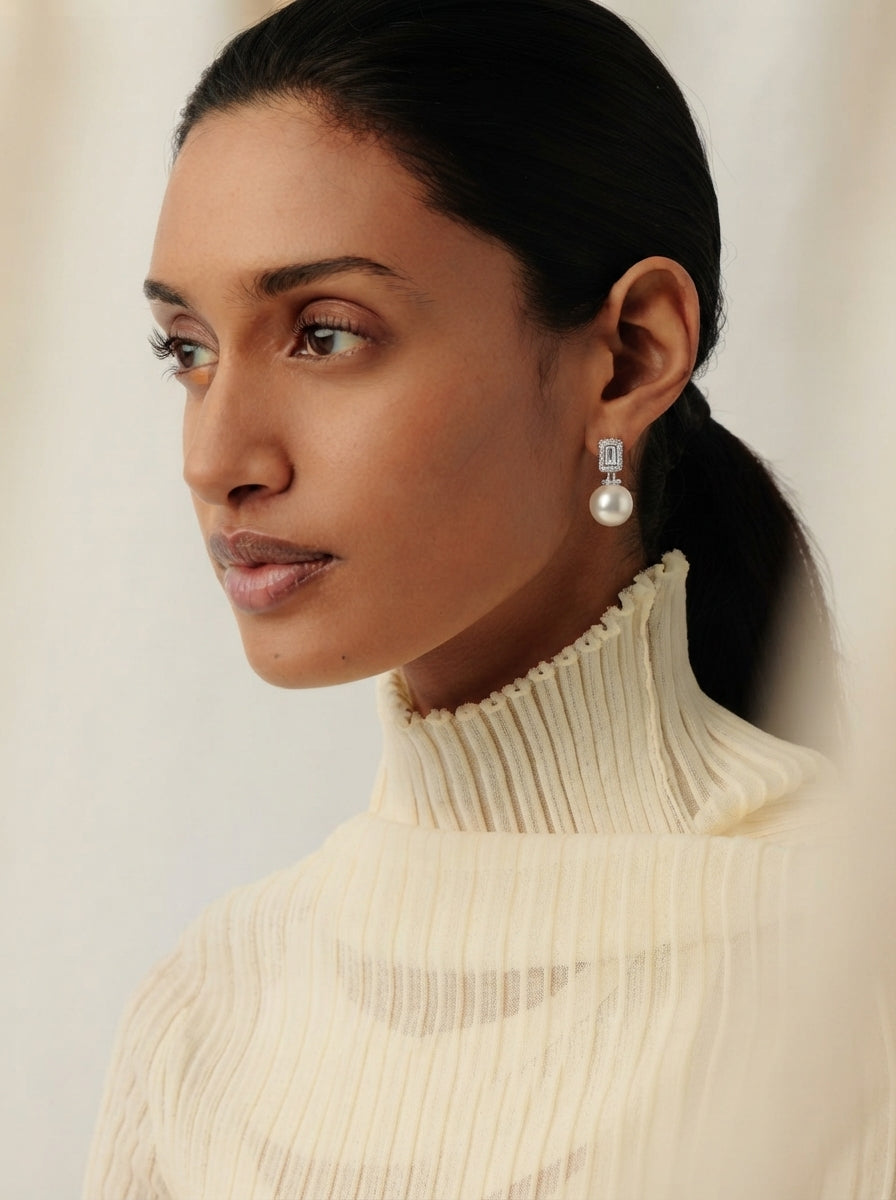ZIRAVE Jewelry Square-Cut Diamond Clasp Pearl Earring