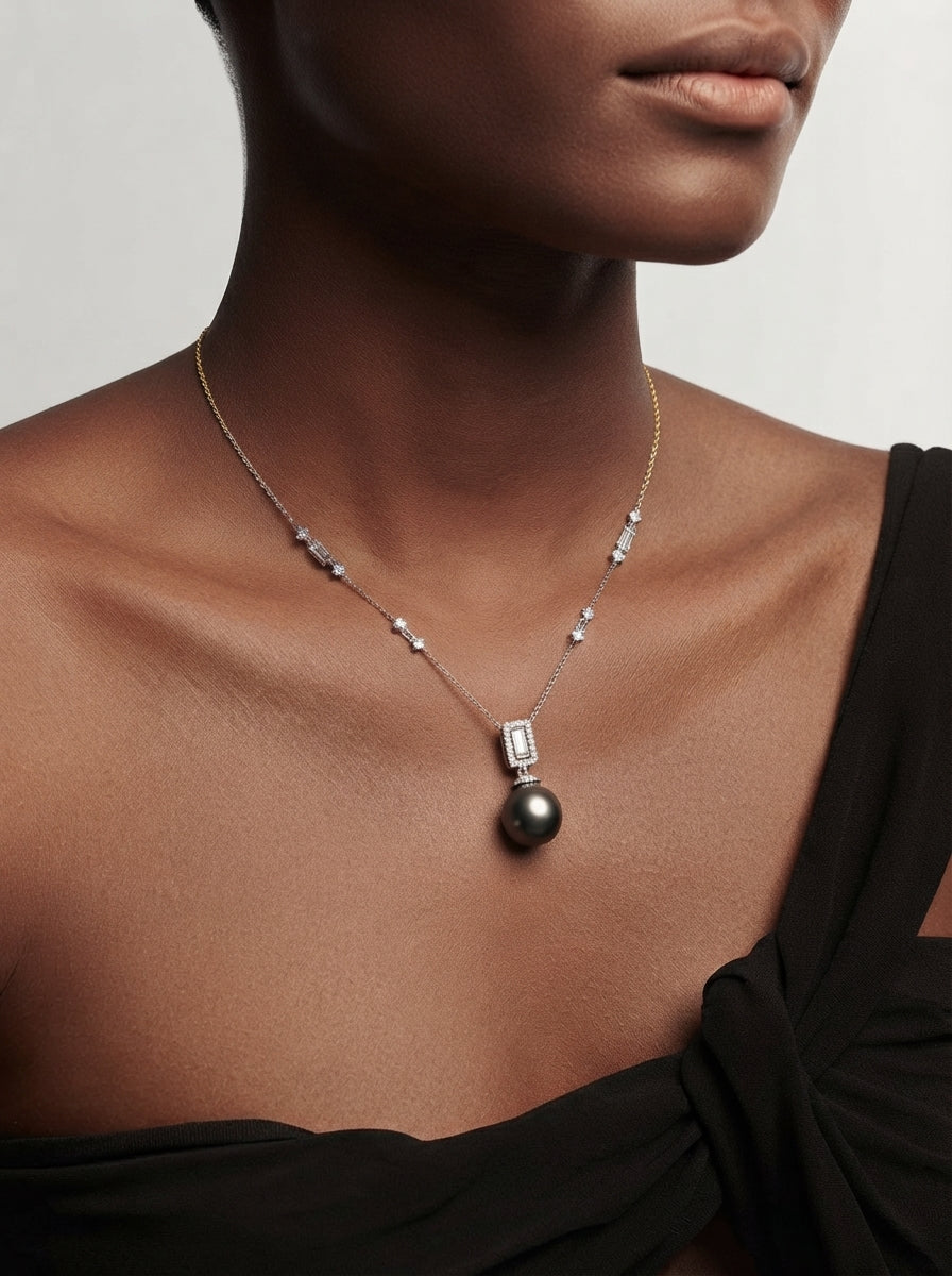 ZIRAVE Jewelry Square-Cut Diamond Clasp Pearl Necklace