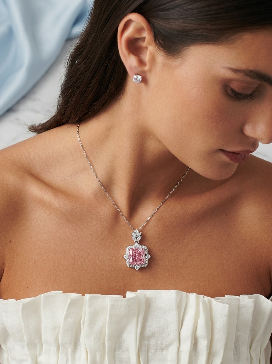 ZIRAVE Jewelry Princess-Cut Simulated Pink Diamond Halo Necklace