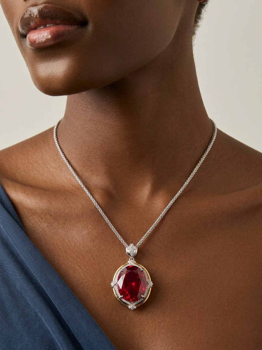 ZIRAVE Jewelry Two-Tone Vintage Large Oval Gemstone Pendant Available in 3 Colors