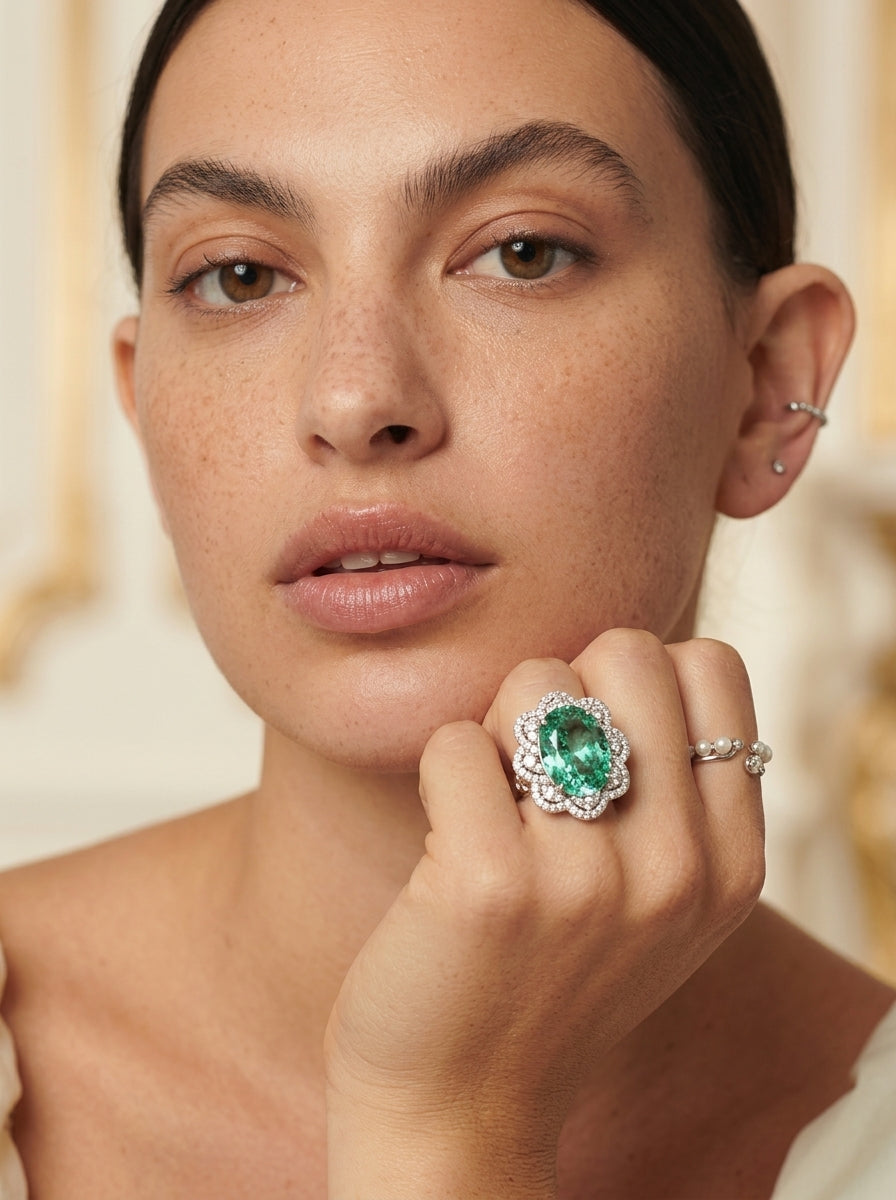 ZIRAVE JewelryVintage Simulated Paraiba Floral Halo Ring