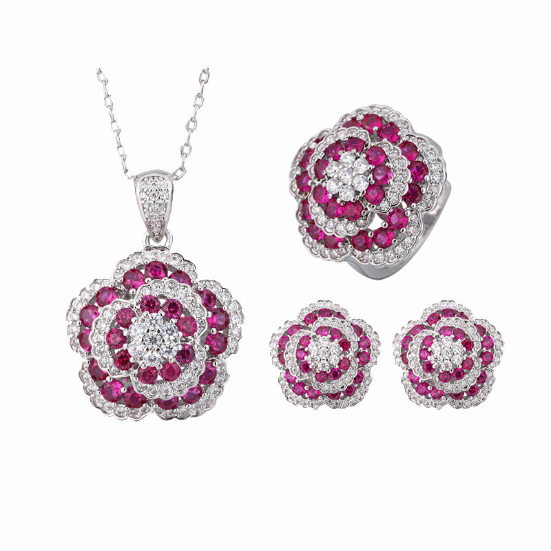 ZIRAVE Jewelry Vintage Simulated Ruby Camellia Jewelry Set (Pendant + Ring + Earrings)