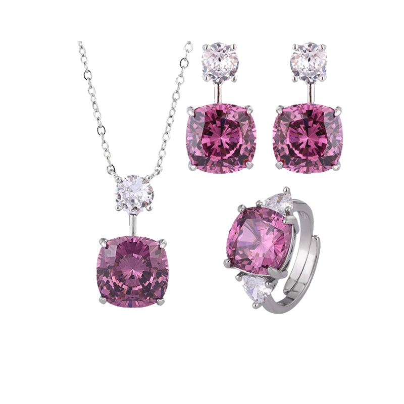 ZIRAVE Jewelry Cushion-Cut Faux Pink Diamond Jewelry Set (Necklace, Ring & Earrings)