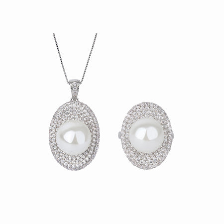 ZIRAVE Jewelry Vintage Simulated South Sea Pearl Pave Jewelry Set (Pendant + Ring)